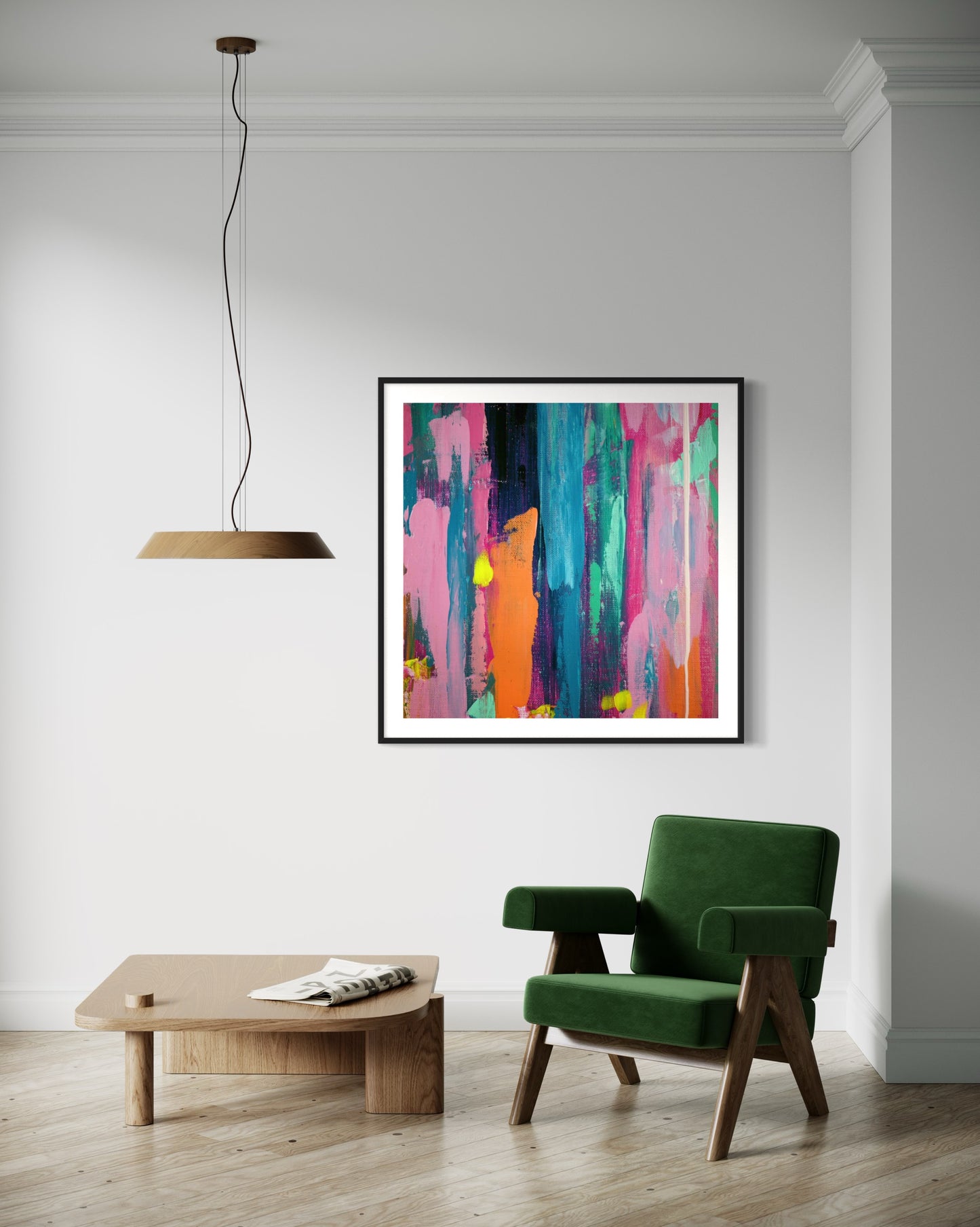 colorful art print in orange, blue, pink and green stripes and layers